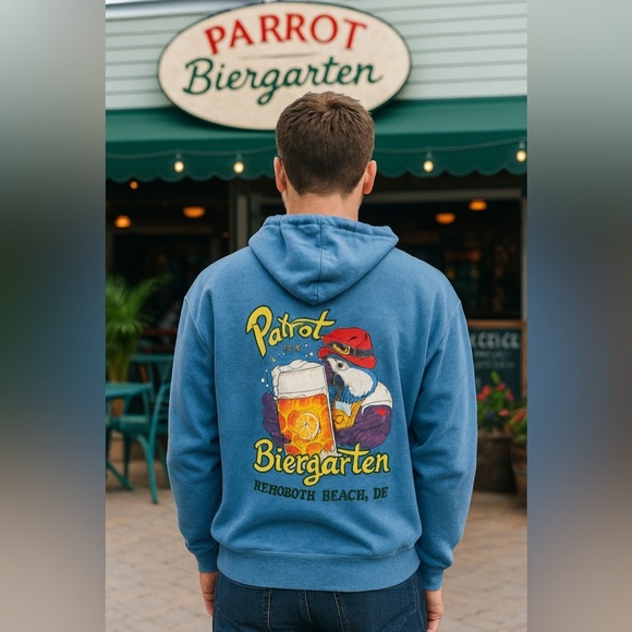 Rehoboth Beach Parrot Beach House Biergarten Blue Graphic Hoodie – Men’s XL - Picture 1 of 4